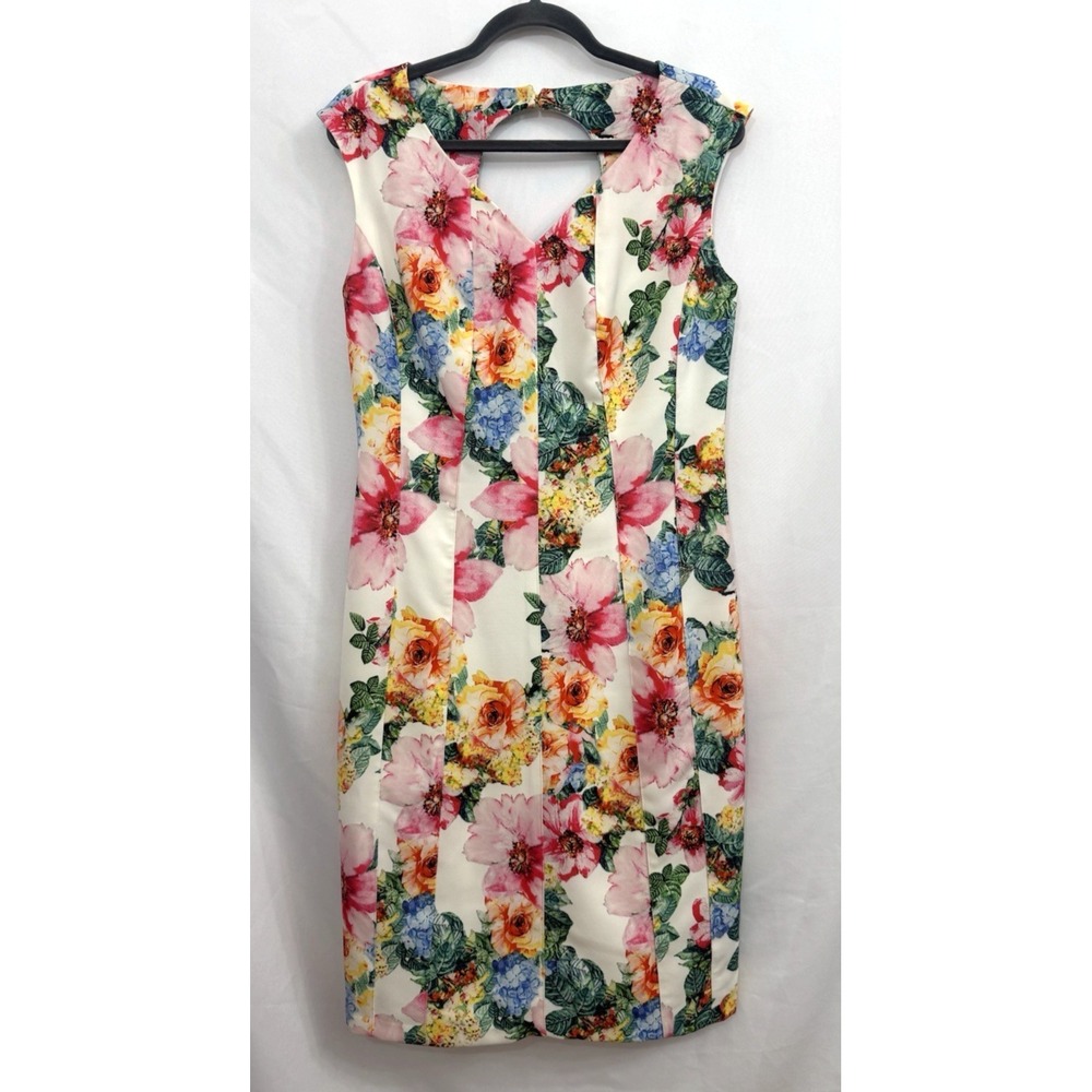 J. Peterman Floral V-Neck Sleeveless Keyhole Back Sheath Dress Womens Size 10